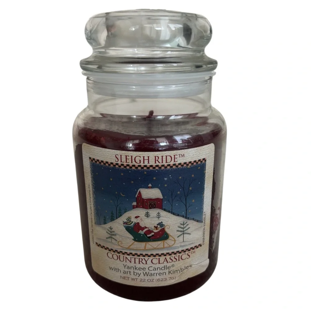 Yankee Candle Jar Sleigh Ride Rare Vintage Christmas Warren Kimble Burgundy Red